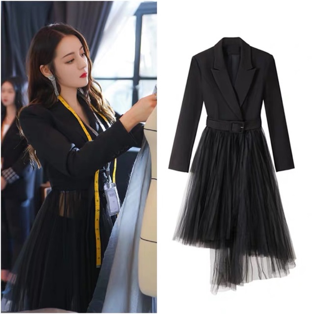 Đầm vest phơi ren xoè Địch Lệ Nhiệt Ba