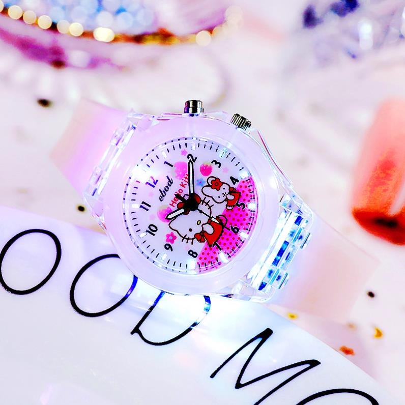 Đồng hồ đeo tay dây đeo silicon hình Hello Kitty màu dạ quang xinh xắn dành cho bé gái