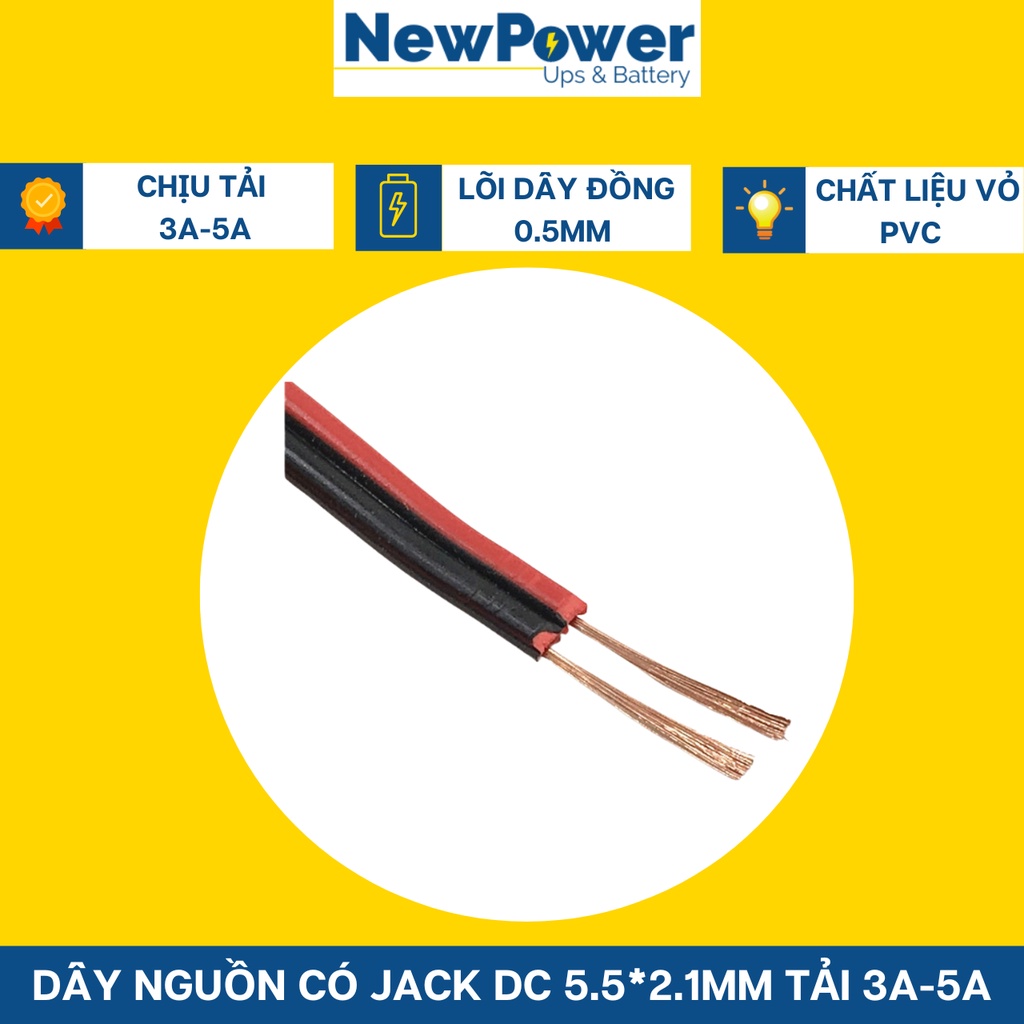 Dây nguồn có jack DC 5.5*2.1mm chịu tải 3-5A
