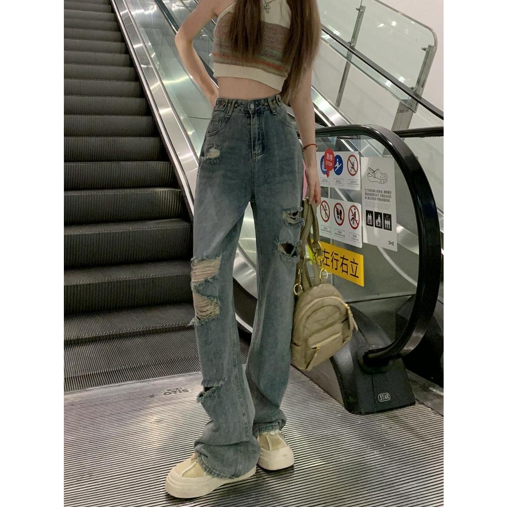 Quần Jean Nữ Ống Rộng Lưng Cao Rách Gối Thời Trang Mới