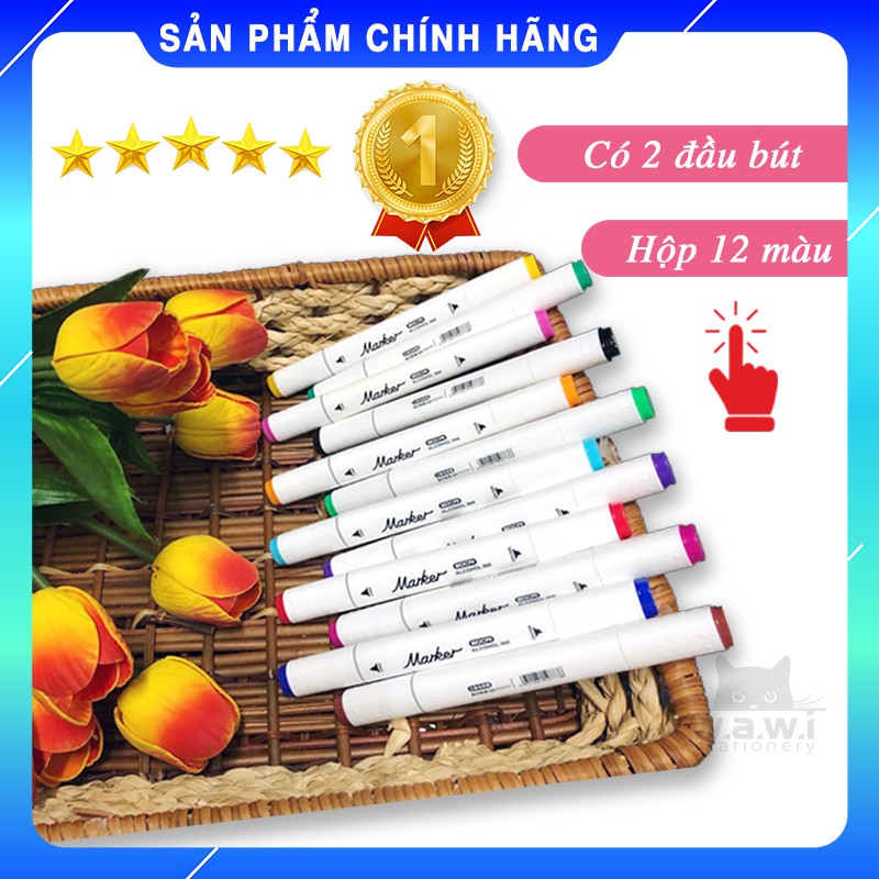 [CHÍNH HÃNG] Hộp Bút Marker/đánh dấu 2 đầu BOCAI 12 màu, chống nhòe chống thấm