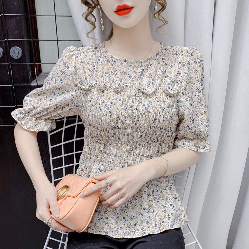Áo kiểu chất chiffon tay ngắn cổ tròn họa tiết hoa nữ tính | BigBuy360 - bigbuy360.vn