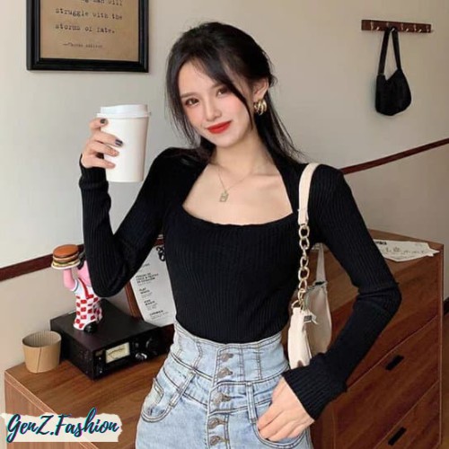 ⭕️ [CÓ HÌNH/VIDEO THẬT - HÀNG CAO CẤP] Áo Len Tăm Dài Tay Cổ Vuông Chéo_Mã CD015_GenZ Fashion