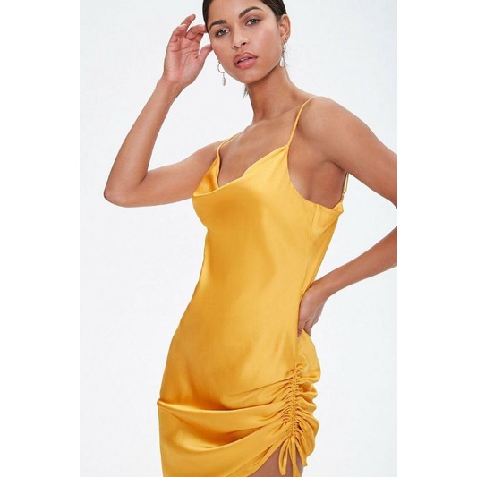 Đầm 2s lụa satin nhún hông F21 VNXK đầm dây rút cổ đổ sexy đầm tiệc ôm body dáng ngắn xuất khẩu dư xịn