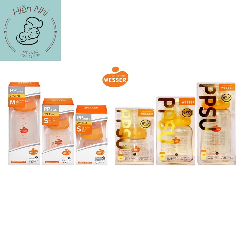 Bình sữa Wesser PPSU cổ hẹp, cổ rộng 60ml, 140ml, 180ml, 240ml, 260ml