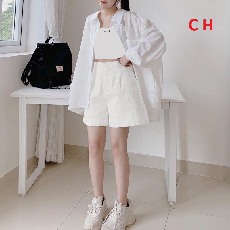 SÉT 3 món sơ mi TRẮNG kèm quần short kaki áo 2 DÂY- sét bộ đồ nữ dài tay quần sooc lưng cao ống rộng phong cách ulzzang