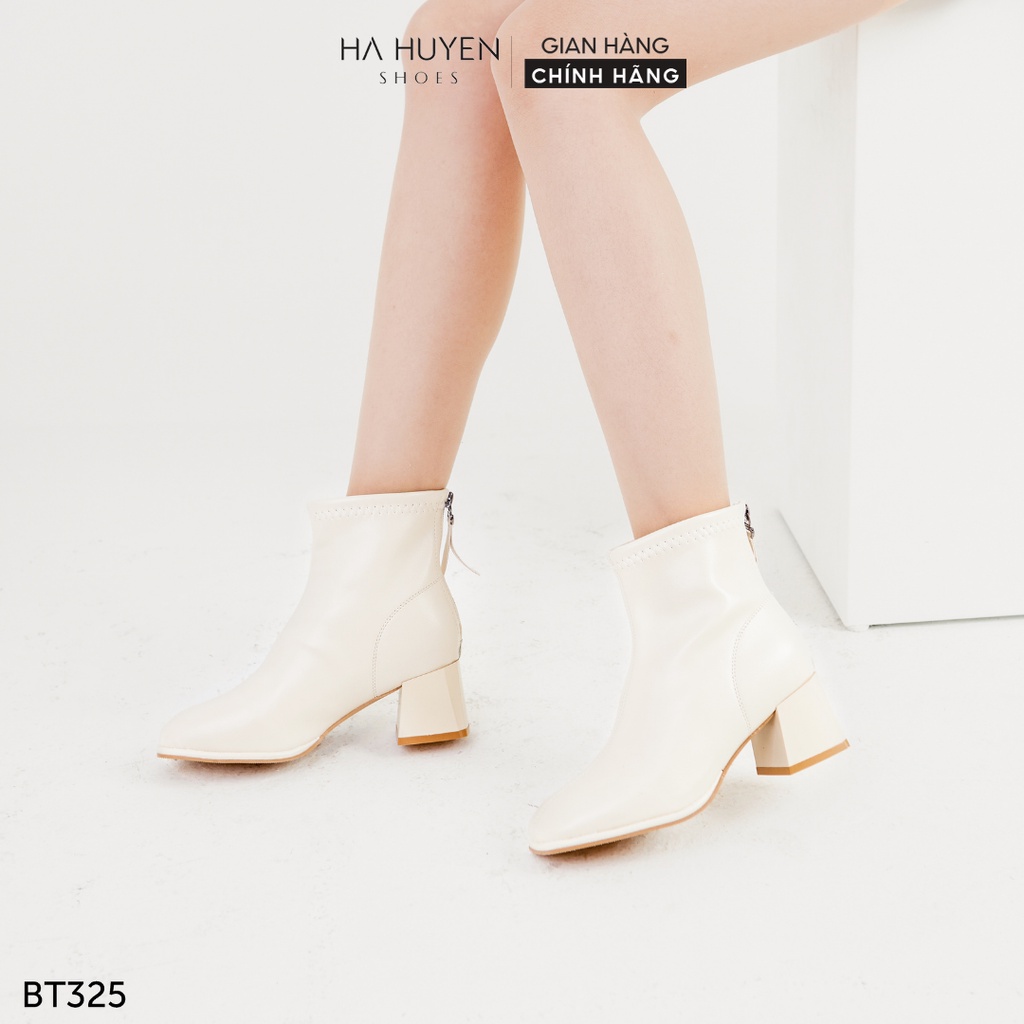 Giày boot nữ Hà Huyền Shoes bốt cổ thấp da lì mũi tròn gót vuông 5 phân - BT325