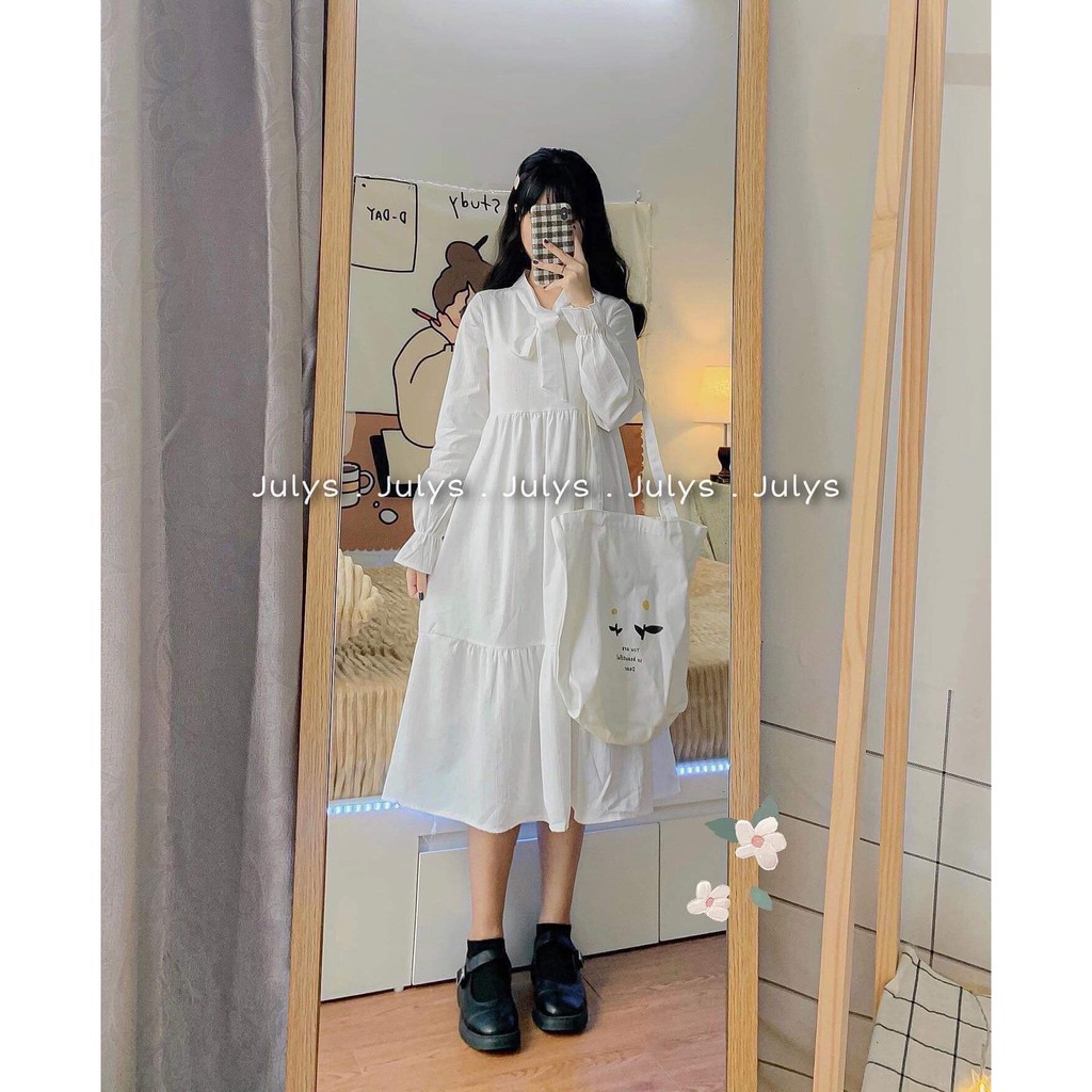 Váy đuôi cá thắt nơ cổ BIGOMALL - Đầm suông dài dáng xòe vintage tiểu thư hàn quốc ulzzang