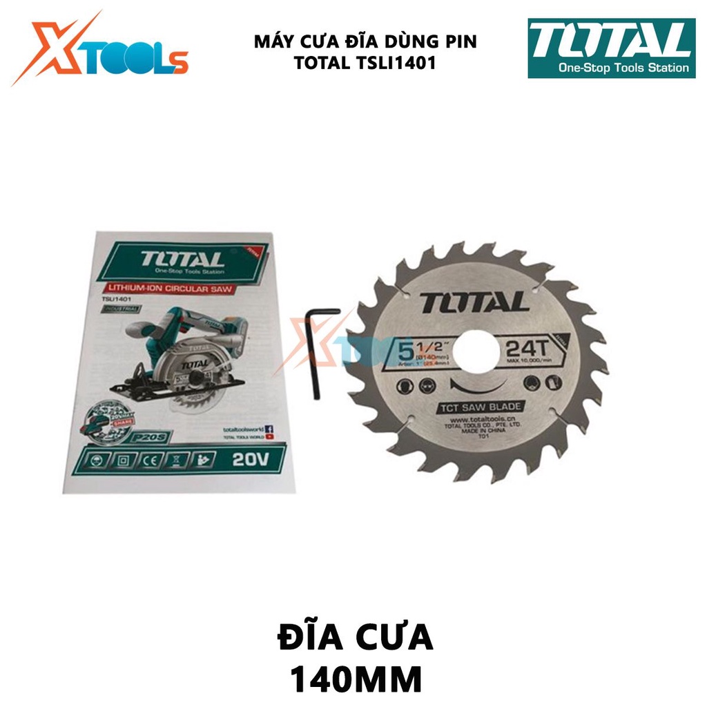 Máy cưa gỗ cầm tay dùng pin 20V TOTAL TSLI1401 Máy cưa đĩa đường kính đĩa 140-150mm, tốc độ 3600rpm, khả năng cắt tối đa