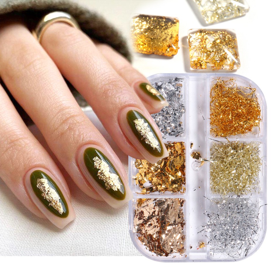MONJA [Hàng mới về] Hộp 6 ngăn lá nhôm kim sa vàng bạc hình dáng không đồng đều trang trí móng tay nghệ thuật