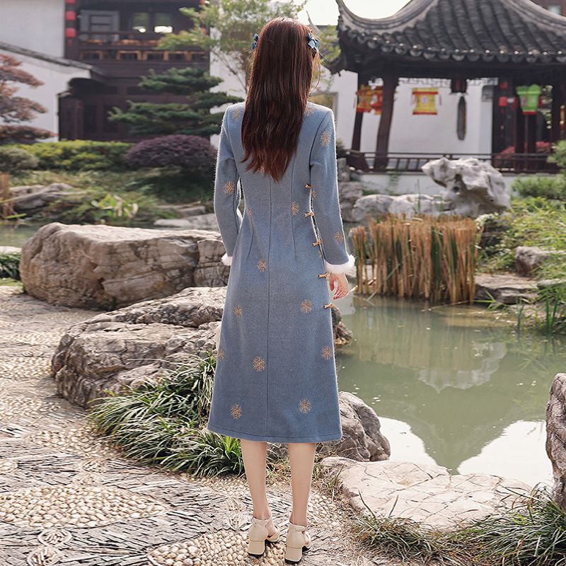 Đầm Sườn Xám Cách Tân Tay Dài Bằng Lông Thỏ Nhân Tạo Phong Cách Trung Hoa Thời Trang Mùa Đông 2022 Mới