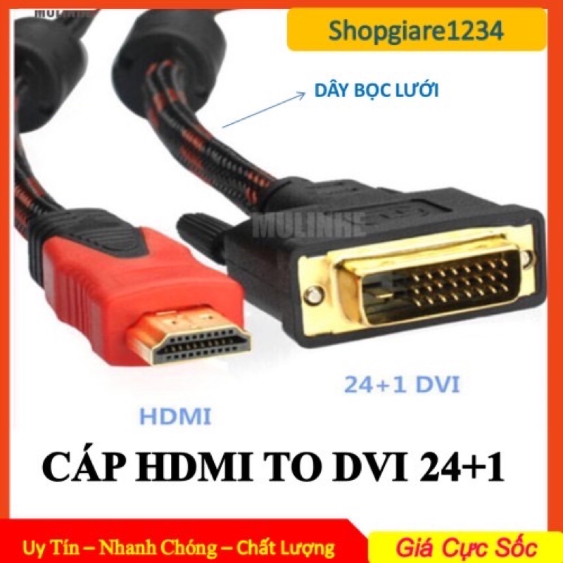 Cáp HDMI to DVI 24+1 (Loại Tốt) 2 đầu dương - Dây bọc dù siêu bền - Chiều  dài 1.5m