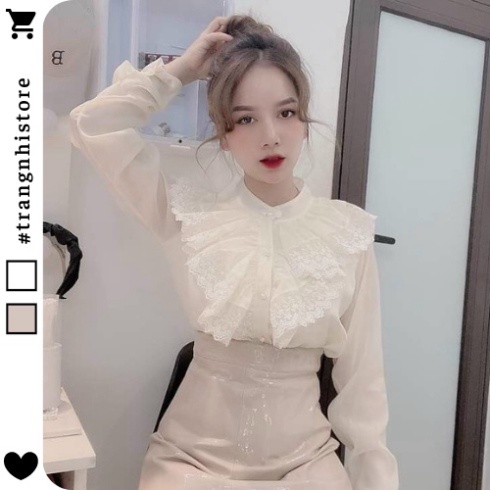 Áo Sơ Mi Tiểu Thư Cổ Ren Phối Cúc Sang Chảnh Sơ Mi Nữ Cổ Trụ Voan Tay Dài