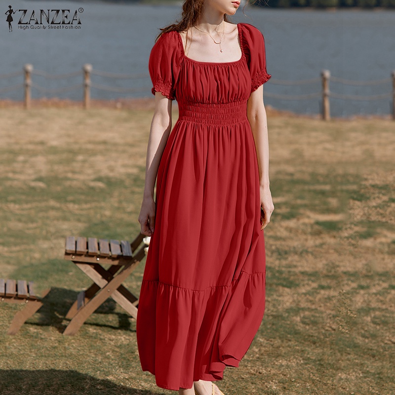Đầm Zanzea cổ vuông tay phồng xếp nếp màu trơn thiết kế quý tộc cổ điển cho nữ