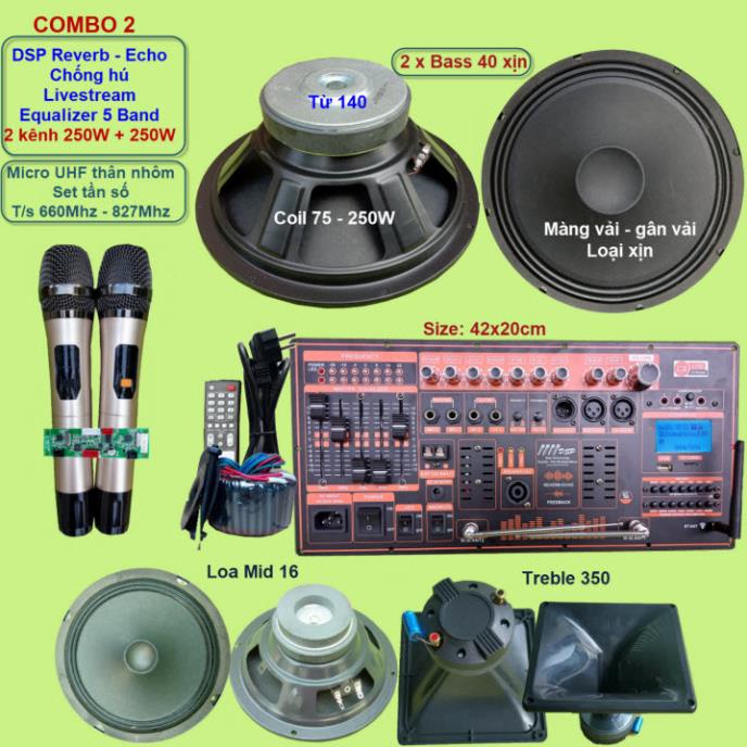 Mạch loa kéo 4 tấc đôi 2 kênh 250W + 250W DSP Reverb Echo Livestream có chống hú - Equalizer 5 Band kèm 2 tay micro