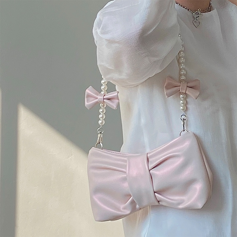 Túi Xách Đeo Vai Một Bên Vai Cầm Tay Đính Nơ Ngọc Trai Nhỏ Tươi Mới Phong Cách Hàn Quốc Cho Nữ 2022