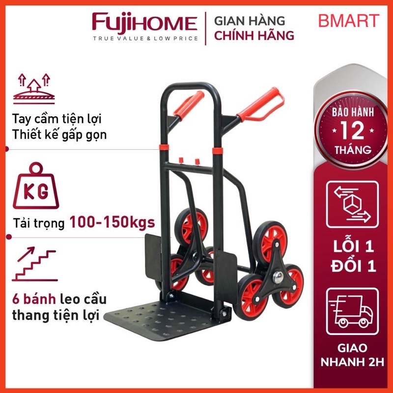 Xe đẩy hàng leo cầu thang 6 bánh Fujihome 150kg, thương hiệu NhậtBản, xe kéo hàng leo cầu thang gấp gọn siêu thị đa năng