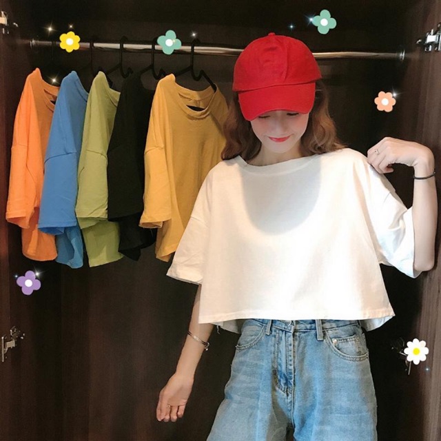 Áo croptop tay lỡ cổ tròn, kèm hình thật
