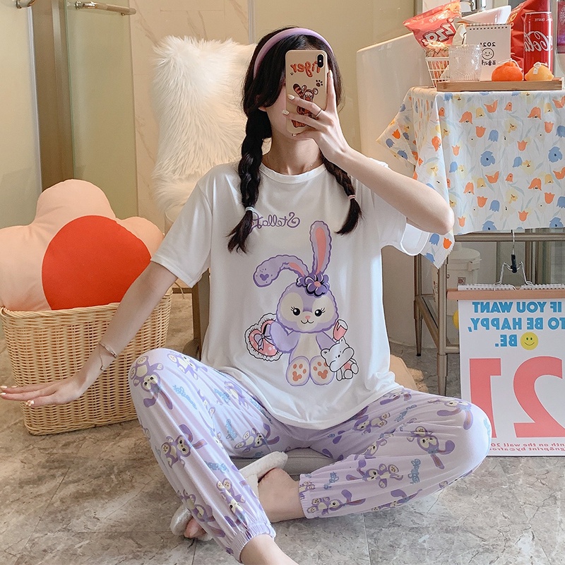 Bộ Đồ Ngủ Áo Tay Ngắn Phối Quần Dài Dễ Thương Cho Phụ Nữ | BigBuy360 - bigbuy360.vn