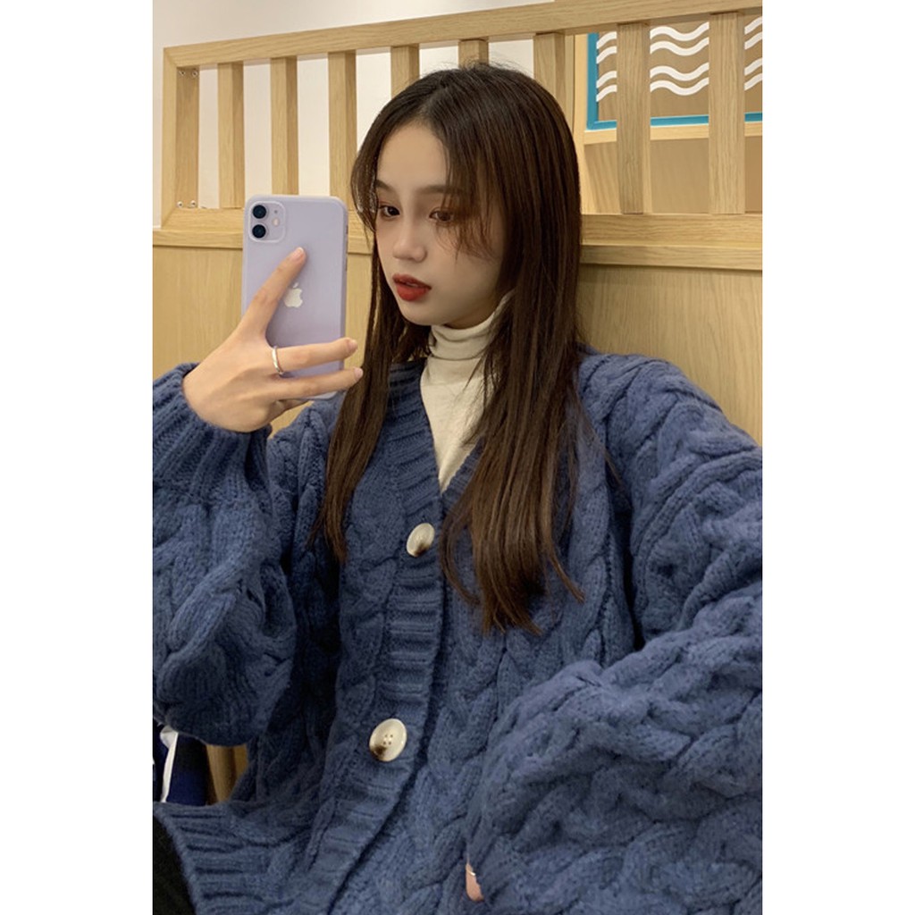 Áo khoác cardigan len xoắn thừng cổ V cài khuy dày dặn form rộng ấm áp style Hàn Quốc