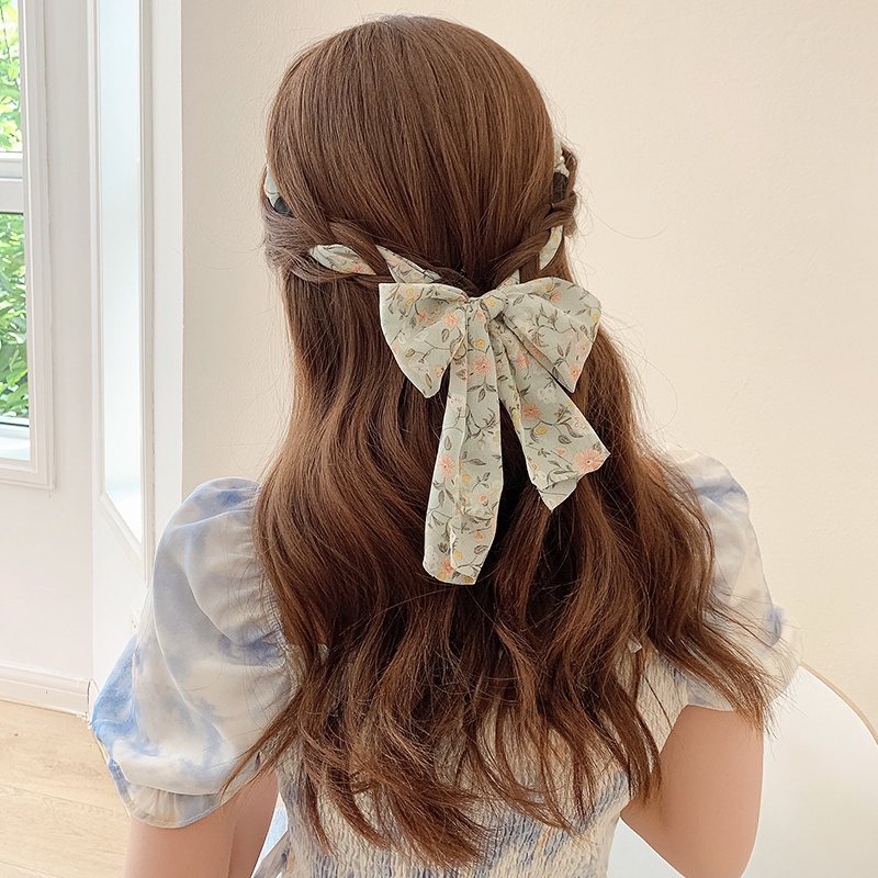 Băng Đô Vải Voan Thắt Nơ In Họa Tiết Đính Ngọc Trai Phong Cách vintage Thanh Lịch Dành Cho Nữ