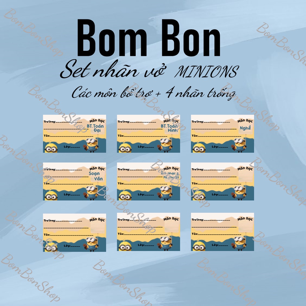 Set nhãn vở minions, nhãn vở môn học học sinh cấp 2 cấp 3 có keo dán. BOMBONSHOP