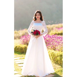 (nhận may theo size) đầm dạ hội phi trắng tay dài váy xòe, váy cưới dáng dài, váy chụp hình ngoại cảnh, váy cô dâu