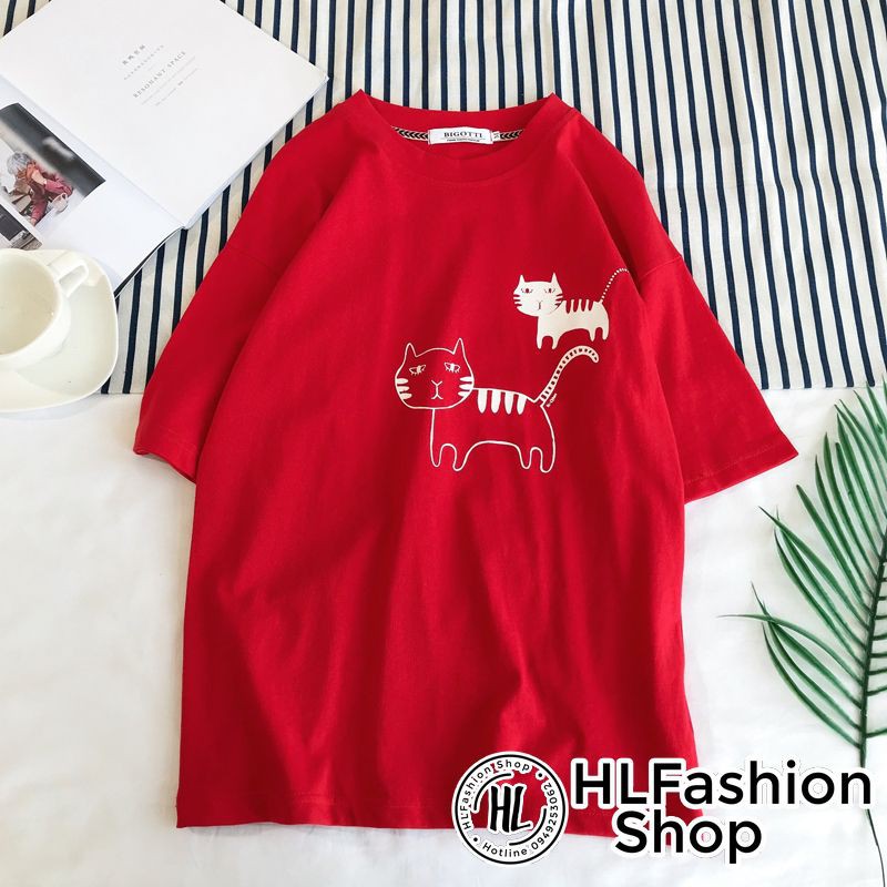 Áo thun tay lỡ form rộng 2 chú mèo ngây ngô, áo phông form rộng size HLFashion