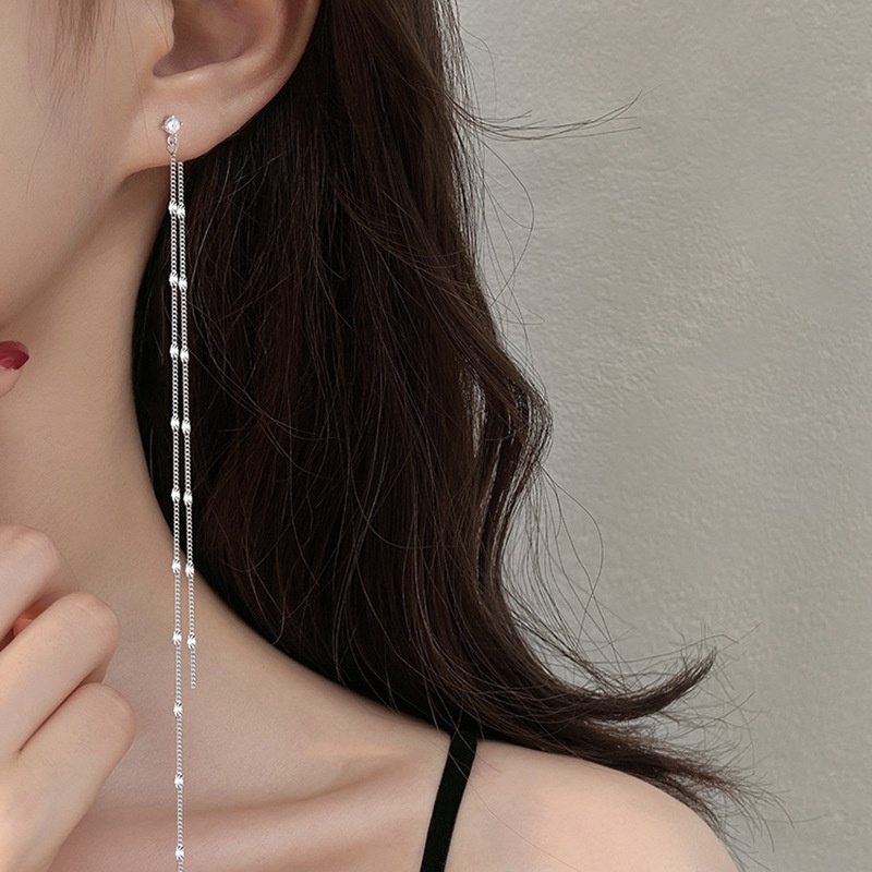 Bông Tai Mạ Bạc 925 Dáng Dài Đính Kim Sa Tua Rua Thời Trang Hàn Quốc