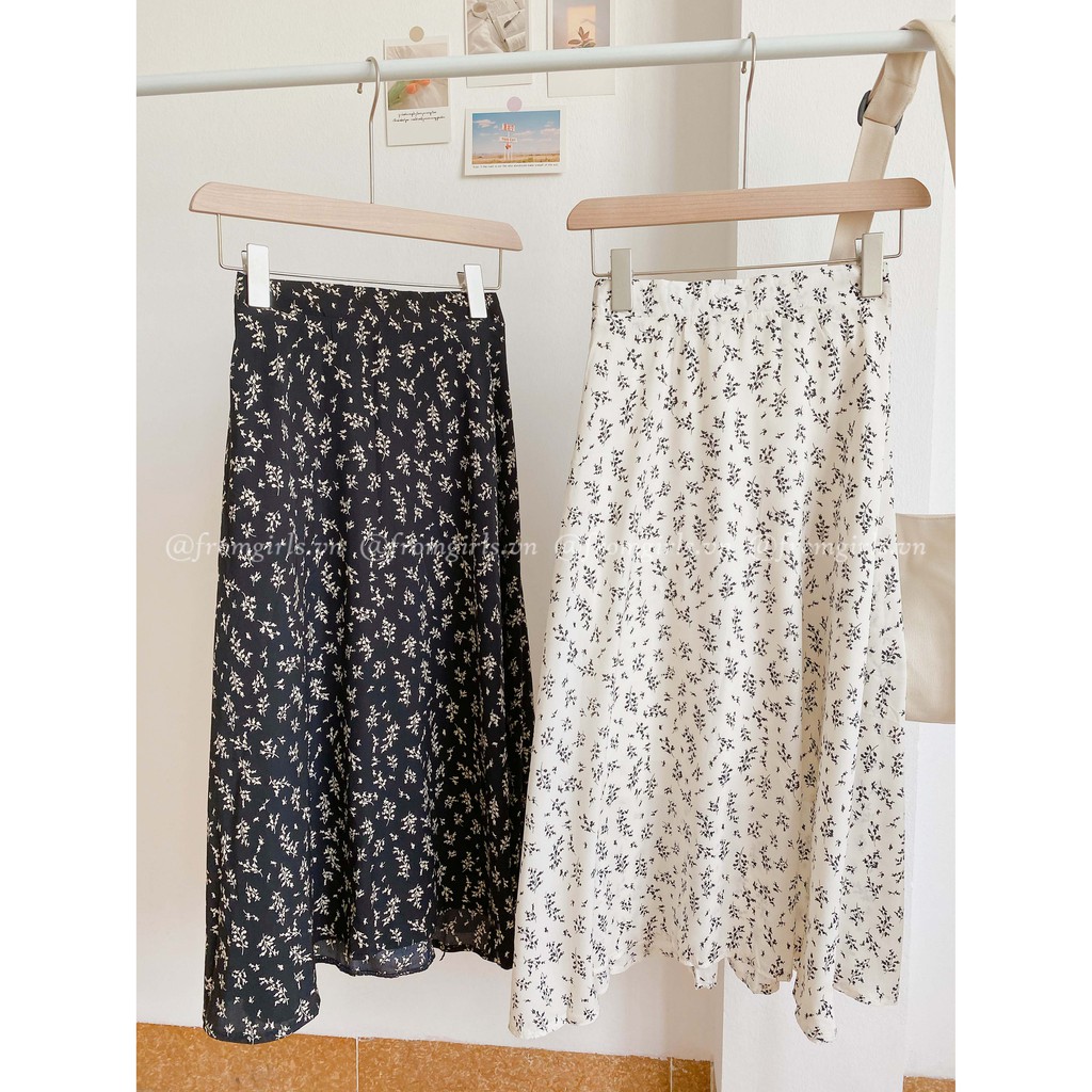 Chân váy hoa nhí, chân váy midi hoa cỏ cạp chun sau vintage - CV07FG BROWN