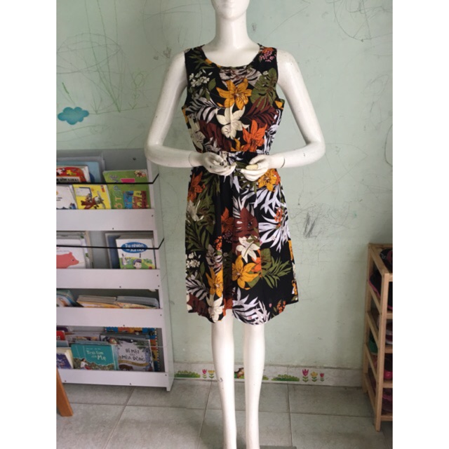 [40-55ky]Đầm maxi lanh xát nách cổ tròn dây thun eo thon