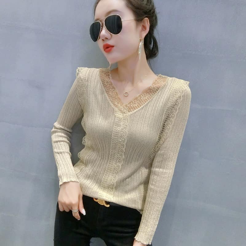 A27172 - Áo len phối ren nữ dài tay thu đông hàng nhập