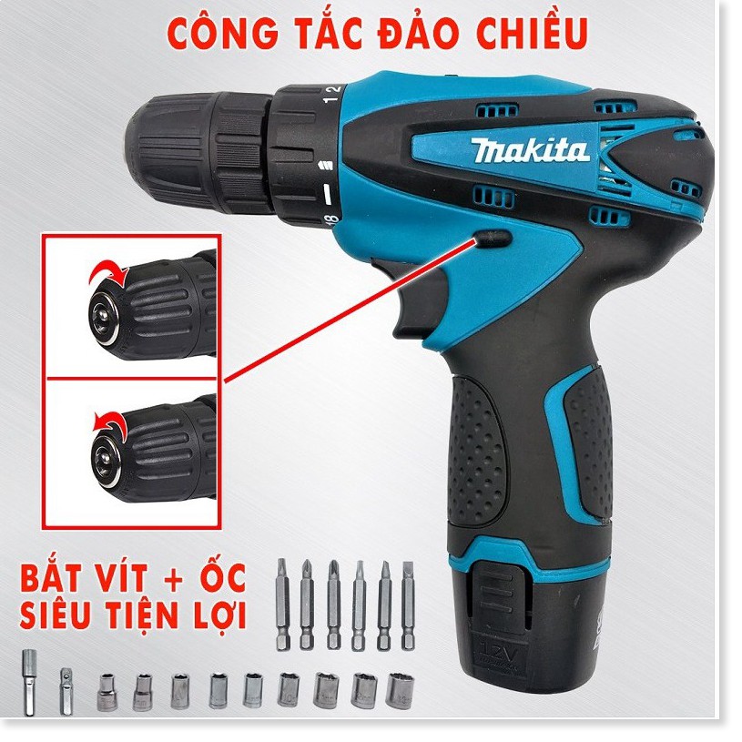 [Chính Hãng] Máy khoan pin makita 12V – KHOAN – BẮT VÍT – VẶN ỐC tặng kèm hộp 24 chi tiết