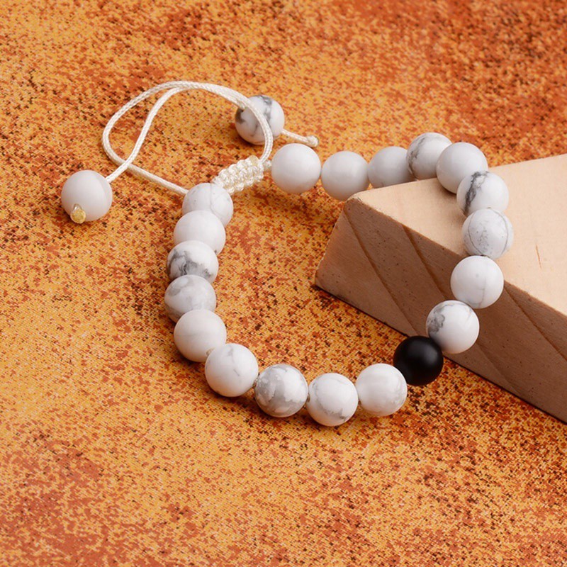 flowersqueen Vòng tay chuỗi hạt đá đen trắng tự nhiên phong cách cổ điển