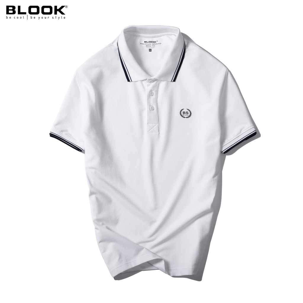 Áo Polo nam cổ bẻ vải thun cotton màu trắng phối sọc xanh, xuất xịn 33389 BLOOK