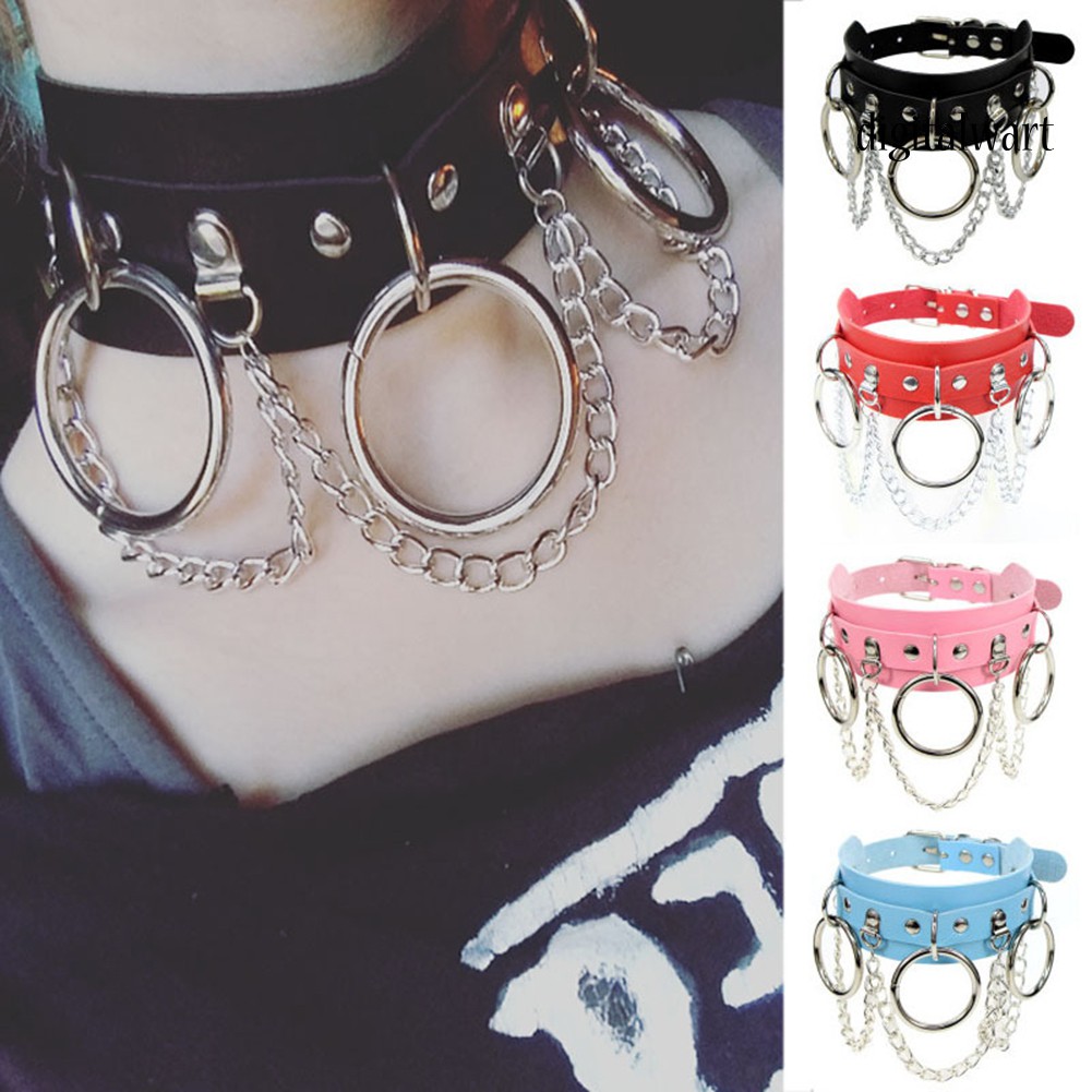 Dây chuyền choker bằng da phối vòng và dây xích tua rua phong cách punk thời trang cá tính cho nữ