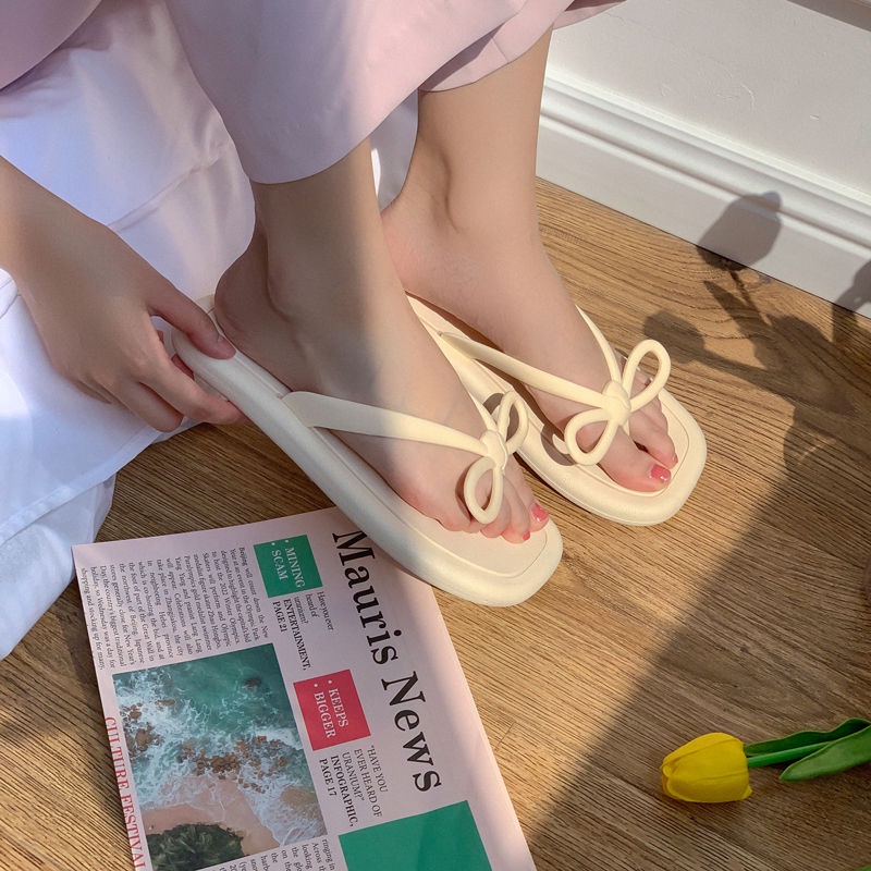 Jiashucheng Dép Xỏ Ngón Đế Mềm Mũi Vuông Đính Nơ Thời Trang Đi Biển Cho Nữ