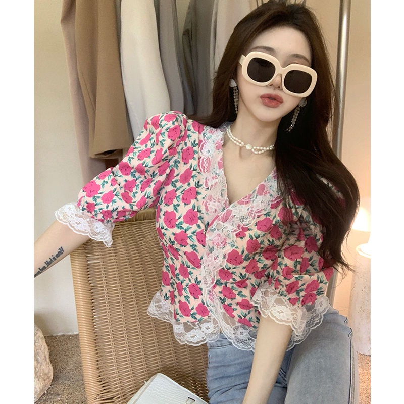 Áo Kiểu Cổ Chữ V Tay Ngắn Phối Ren Màu Đen Thời Trang Mùa Hè Dành Cho Nữ