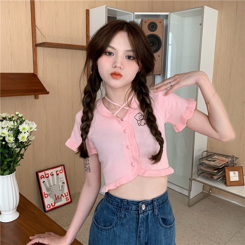 Áo Cardigan Dệt Kim Tay Ngắn Lưng Cao Dáng Ôm In Hình Gấu / Sữa Nhỏ Thời Trang Mới Cho Nữ | BigBuy360 - bigbuy360.vn