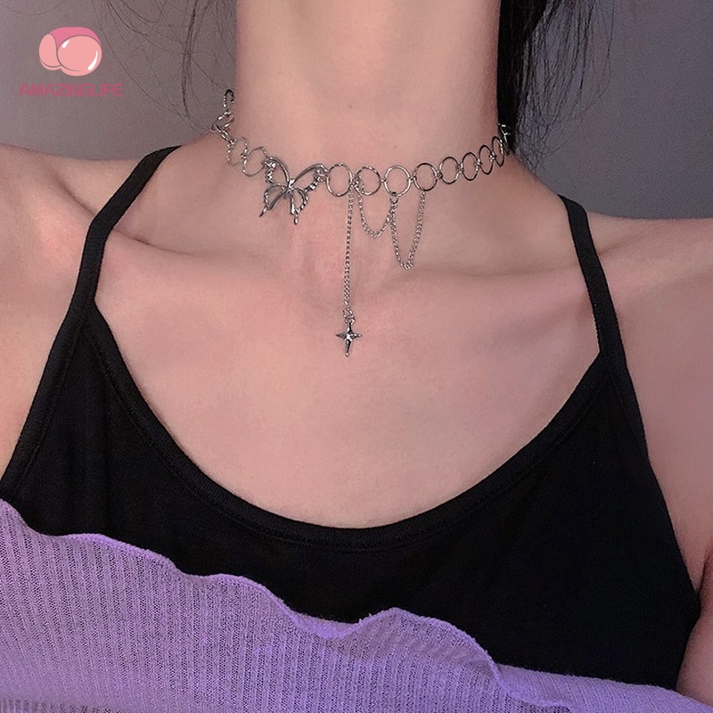 Vòng cổ Ngắn / Vòng cổ Tua Rua Hình Bướm Rỗng Màu Bạc Phong Cách Gothic Hàn Quốc Thích Hợp Dự Tiệc