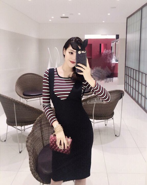 Bộ áo phông kẻ+váy yếm Váy maxi xẻ đùi váy hottrend cá tính cho Nàng dạo phố Váy body Anna Store