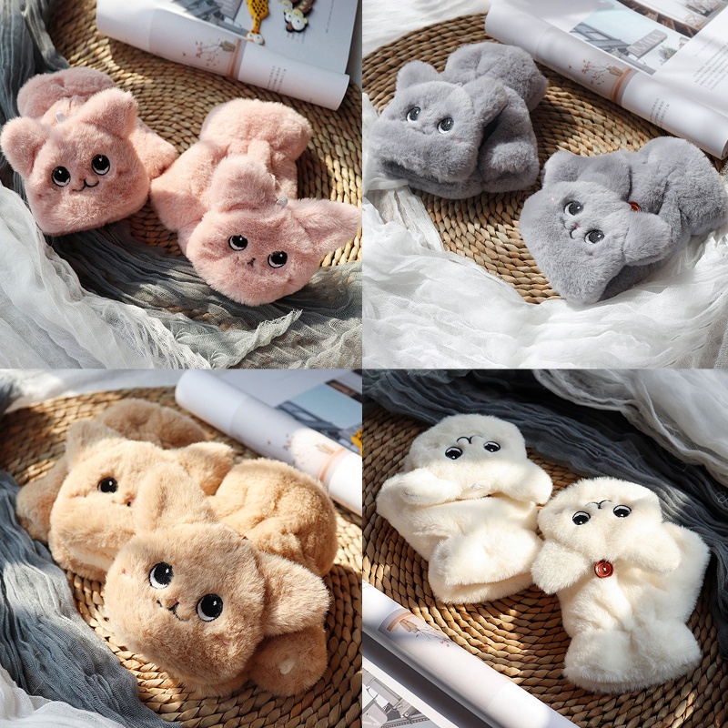 Găng tay hở ngón giữ ấm phối lông dày hình mèo dễ thương cho nữ