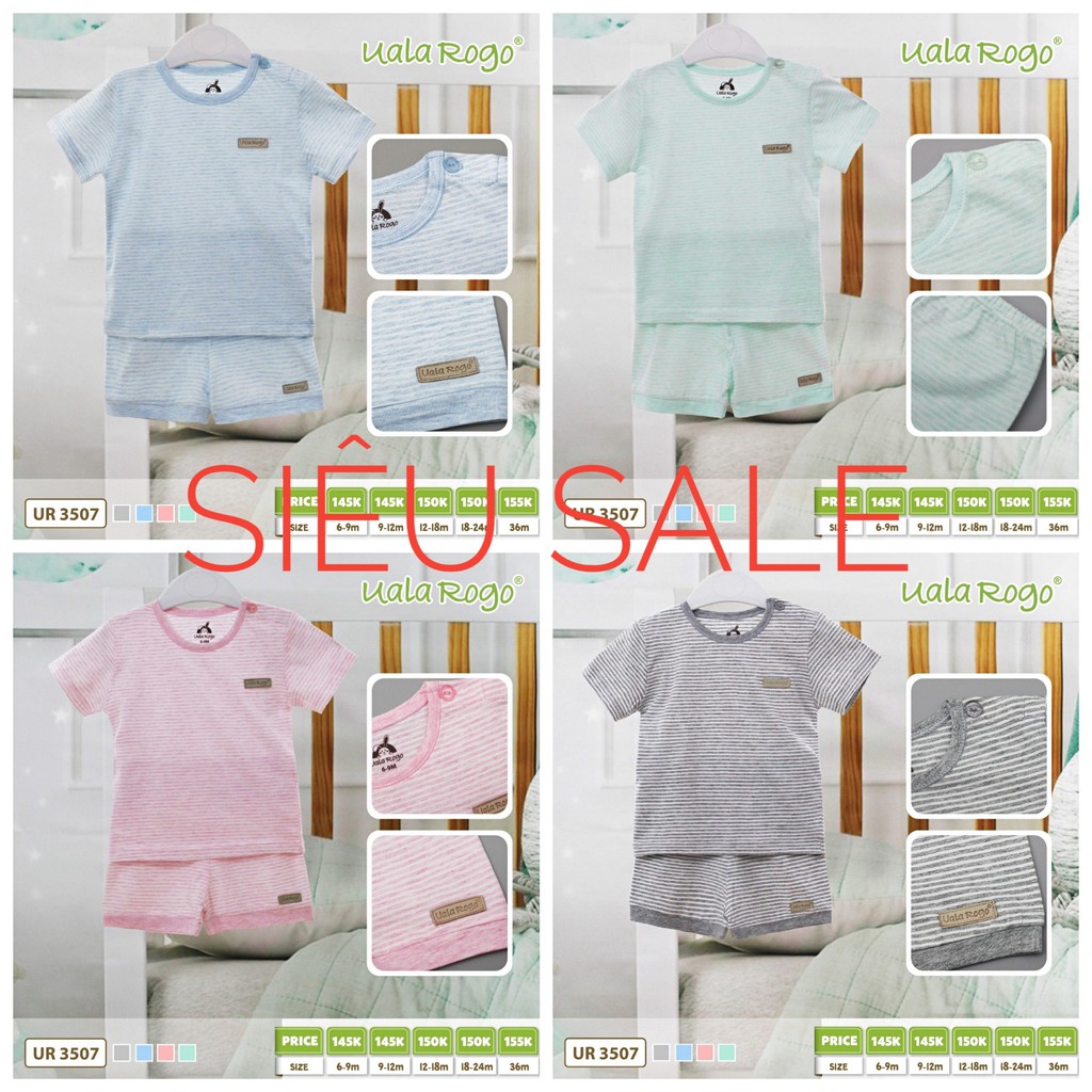 [Siêu sale]. UR 3507. Bộ cộc vải cotton organic kẻ nhỏ mềm mại thấm hút mồ hôi cho bé