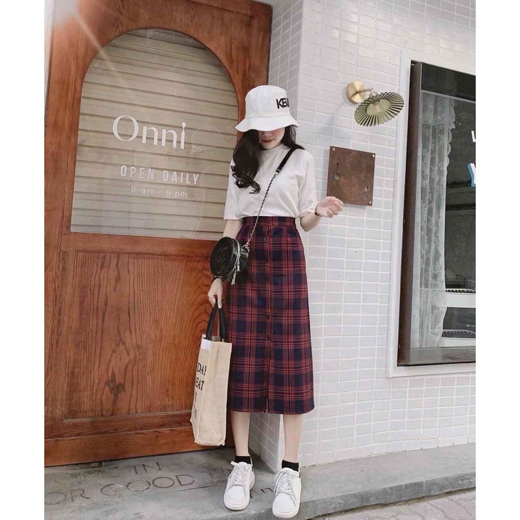 ❤ Xưởng May Giá Gốc ✨  Chân Váy Kẻ Caro Chữ A Phối Cúc Dáng Dài Kẻ Xanh - Kẻ Đỏ Hàn Quốc