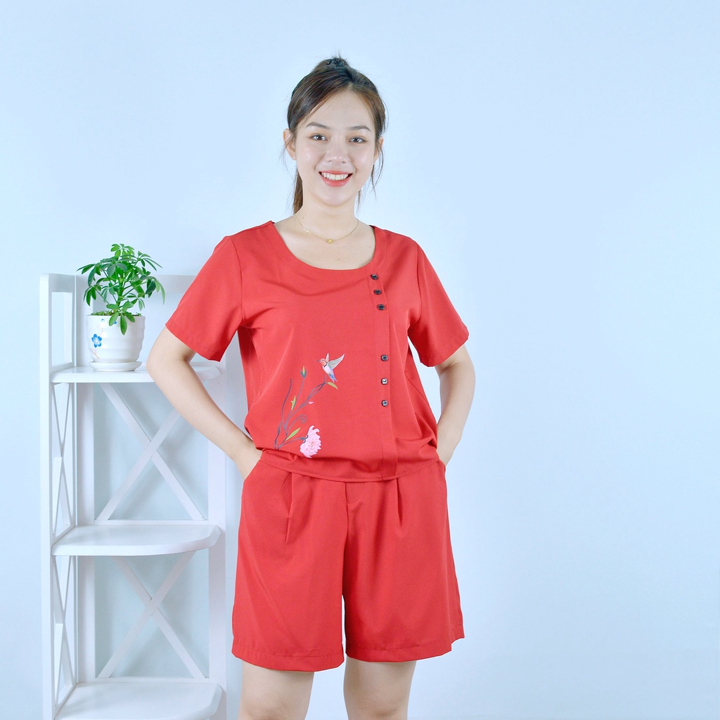 Bộ đồ nữ MÀU ĐỎ IN HOA THÚ ĐIỂM NHẤN HÀNG NÚT   - vải lụa cao cấp - Cực Kì Sang Chảnh - Qúy phái