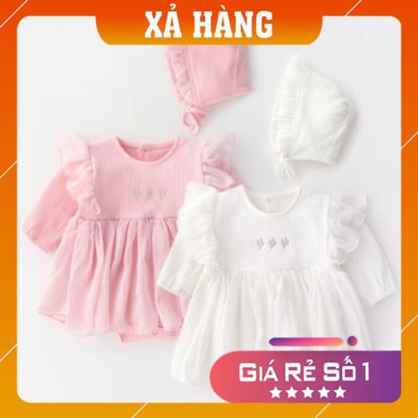 Sét Váy Body Cánh Tiên Dài Tay Đầy Tháng/ Thôi Nôi Cho Bé Gái vải đũi mát (Kèm Mũ Bèo Tiểu Thư)