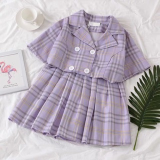 Set Áo cổ vest+ Chân váy Lý Caro tím Xinh xắn- Ord