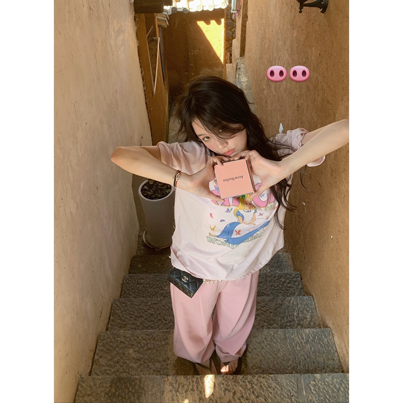 Áo Thun Tay Ngắn Cổ Tròn Dáng Rộng In Họa Tiết Hoạt Hình Thời Trang Cho Nữ