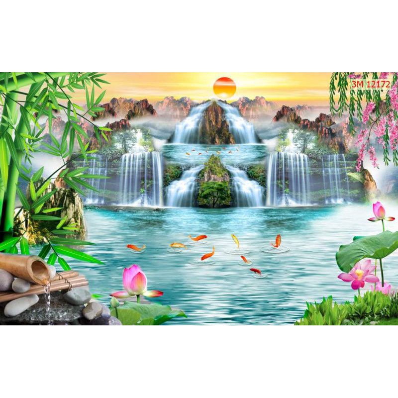tranh Lụa thác nước, sơn thủy dán tường 3d 120x80cm