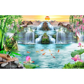 Tranh Lụa thác nước, sơn thủy dán tường 3d 120x80cm